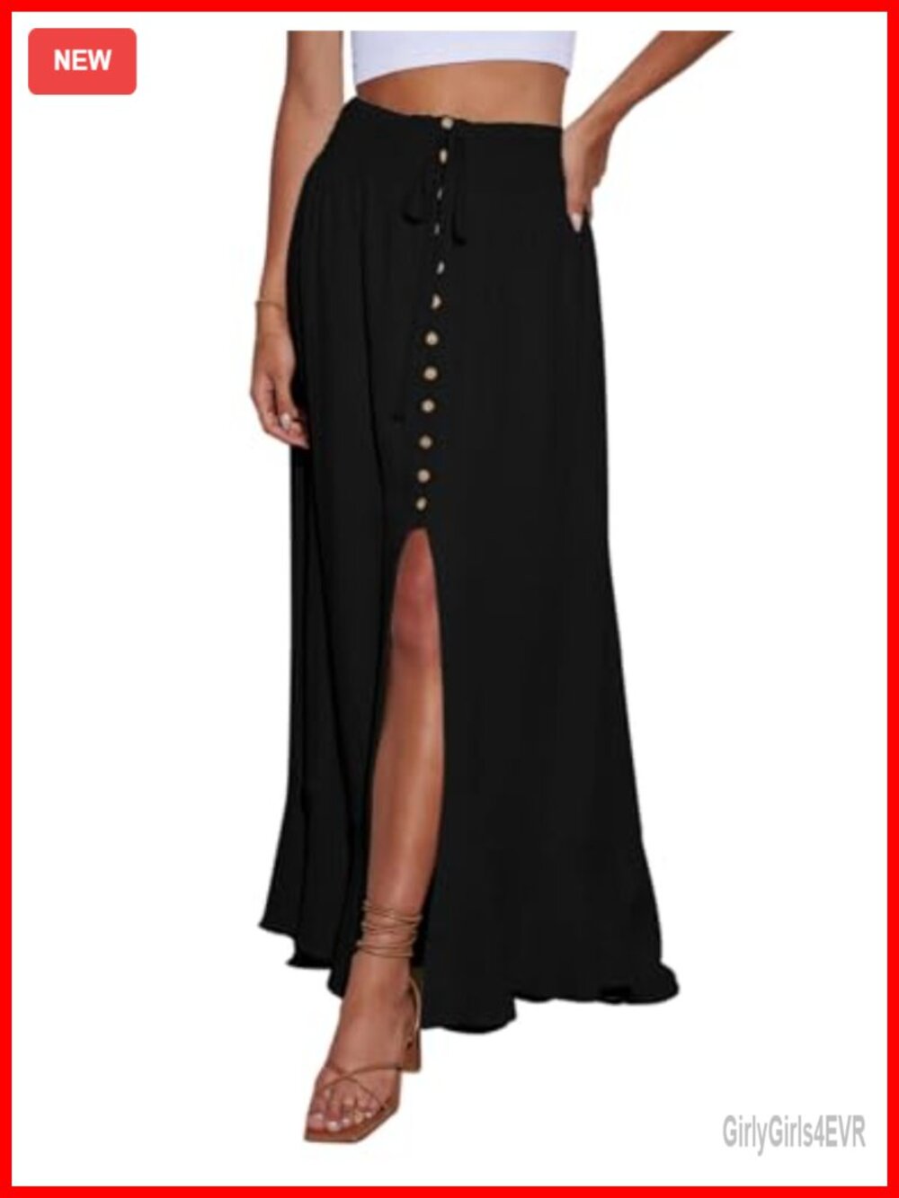 Women's Elastic Tie Waist Button Down Maxi Skirt Loose Flowy Swing Slit Front